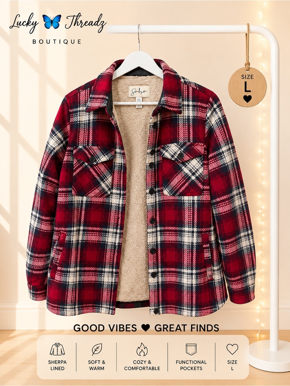 Red Plaid Sherpa Lined Shacket Jacket Women’s L